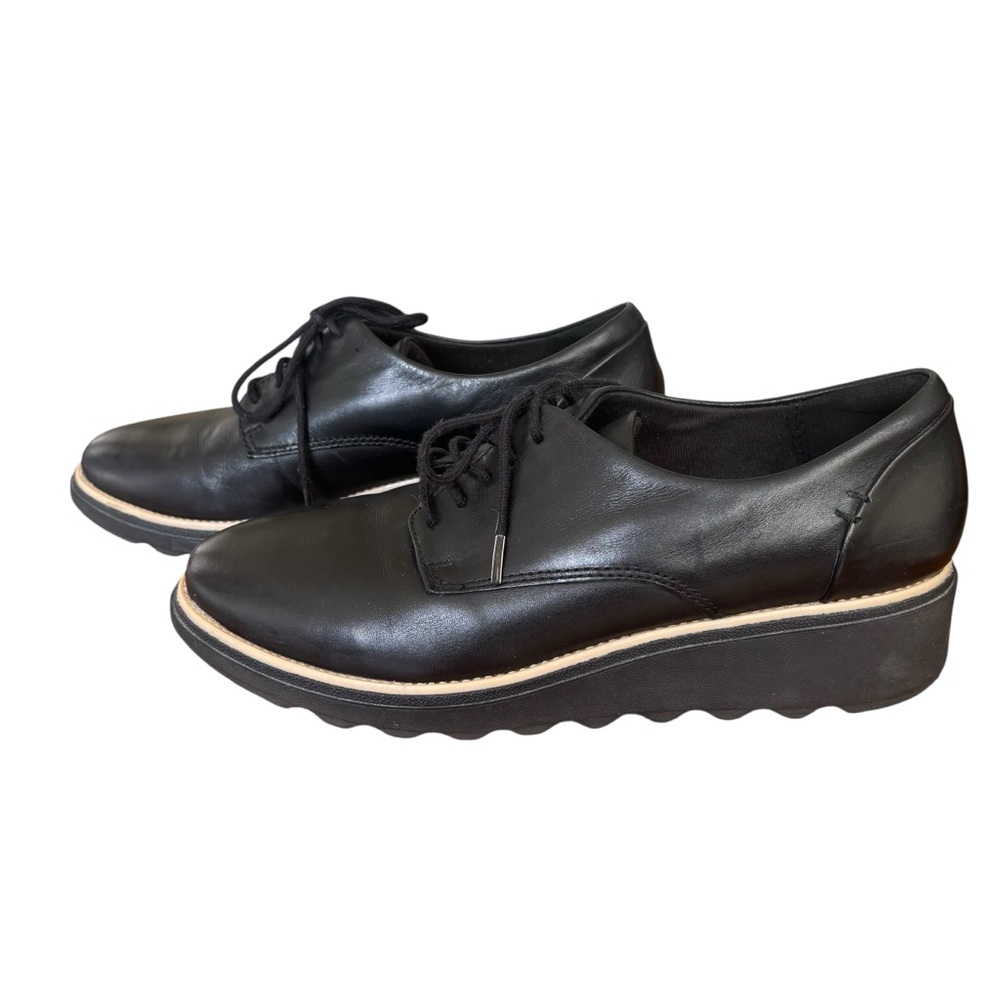 Clarks Black Leather Wedge Lace-Up Shoes with Cream Trim